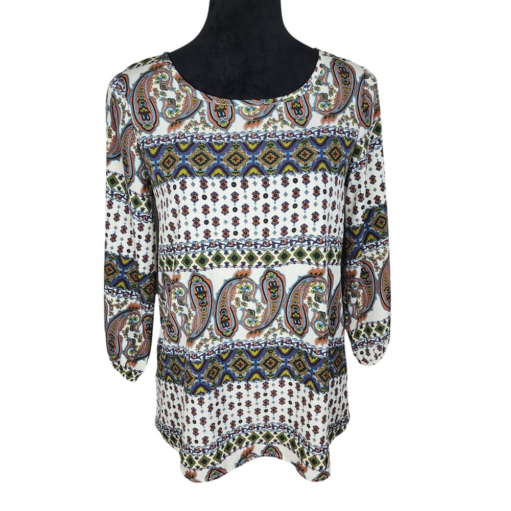 NEWBURY KUSTOM Size Small Colorful Paisley Drop Tail 3/4 Sleeve Office Blouse
